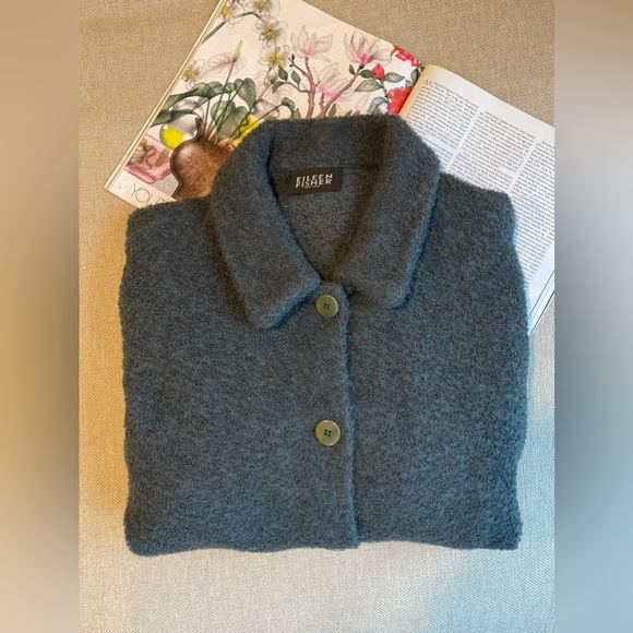 Eileen Fisher Wool Blend Bouclé Cropped Blazer In Teal Size M - Picture 10 of 10